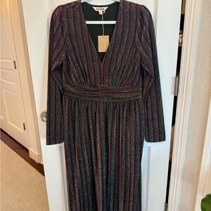 Boden Multi-Stripe Metallic V-Neck Long Sleeve Dress - Green/Purple/Black
